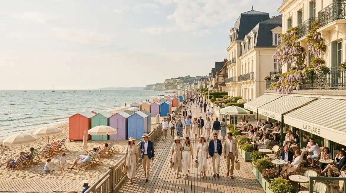 Plage normande avec cabines colorées et terrasse animée