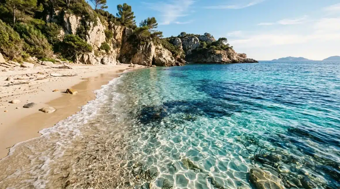 Plage de sable blanc avec falaises rocheuses et mer turquoise claire
