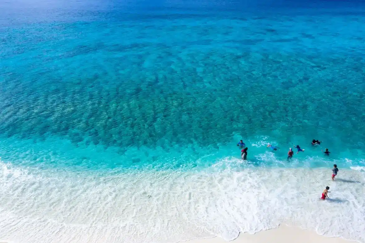 Lagon turquoise de Nouvelle-Calédonie avec plage de sable blanc et végétation tropicale luxuriante