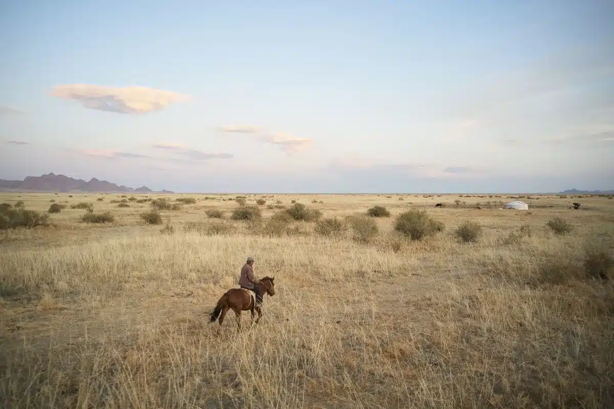 Cavalier parcourant les steppes mongoles à cheval