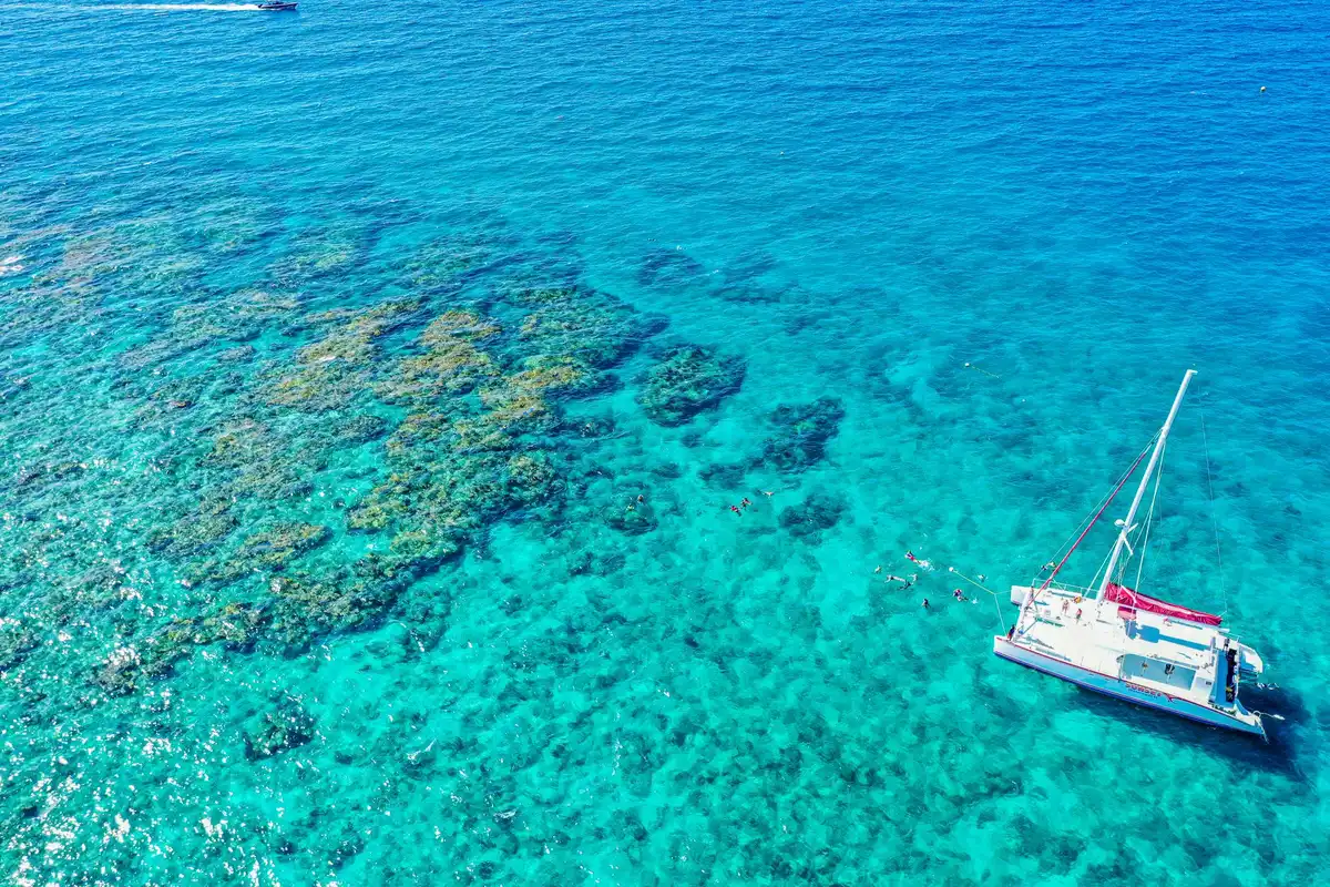 Catamaran en voile avec passagers en train de faire du snorkeling autour d'un récif corallien