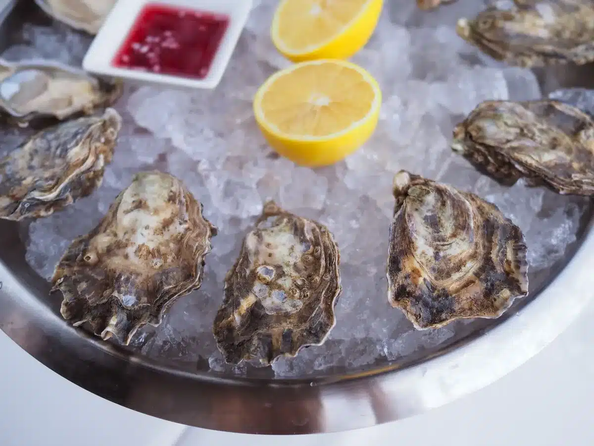 Plateau de fruits de mer frais avec huîtres et produits locaux servis dans un restaurant de port