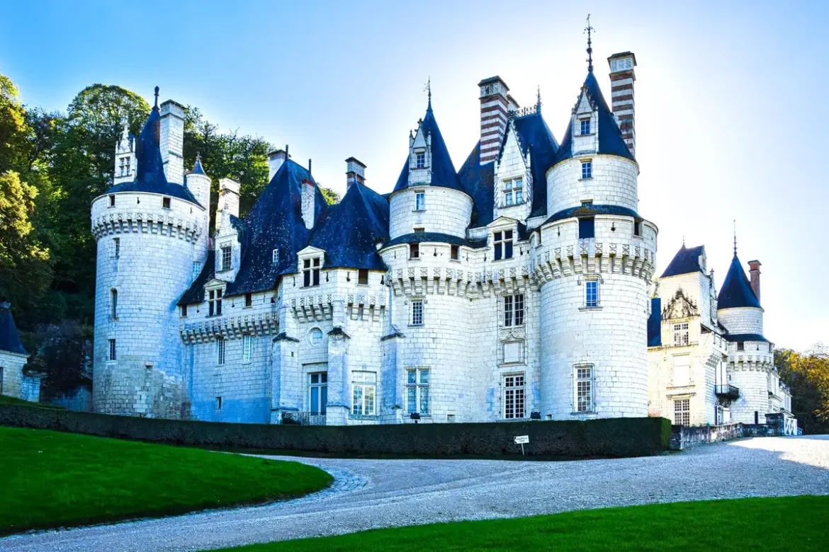 Château de la Renaissance avec tourelles et cheminées ornées dominant une forêt verdoyante