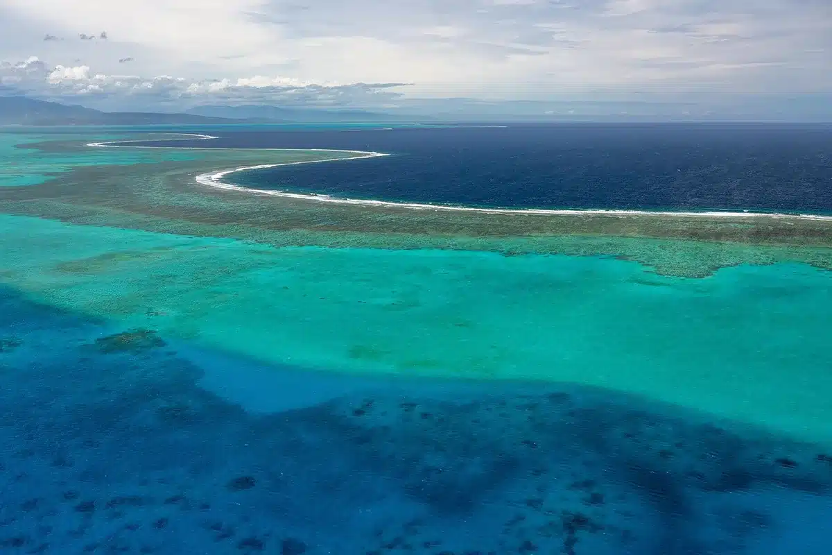 Plongée en eaux turquoise au-dessus d'un récif corallien coloré dans une lagune tropicale.