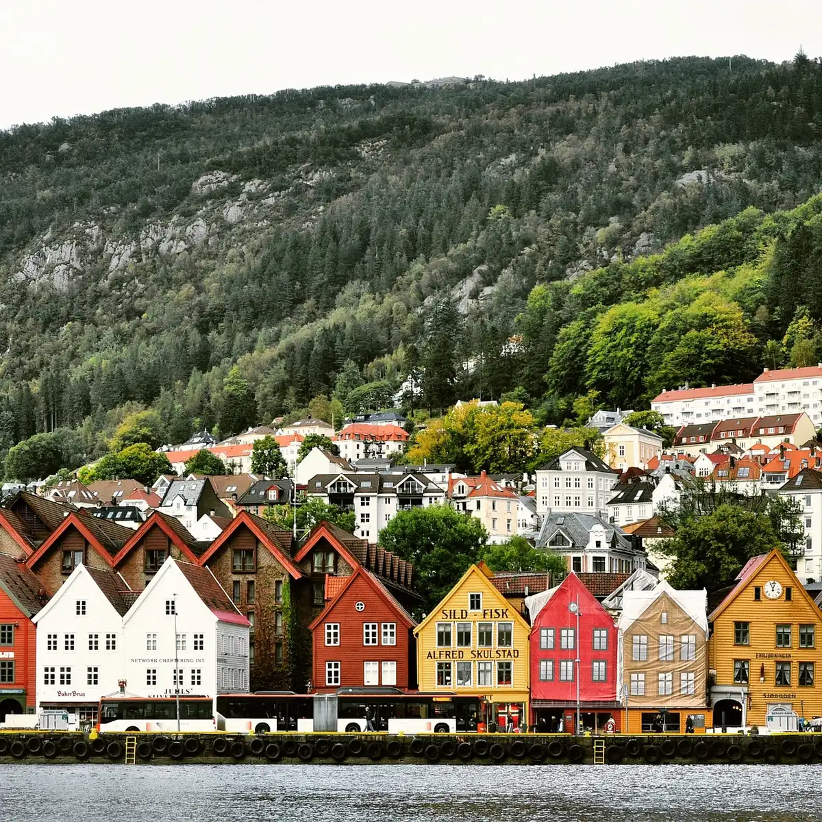 Petit port avec maisons peintes aux couleurs chaudes le long du quai