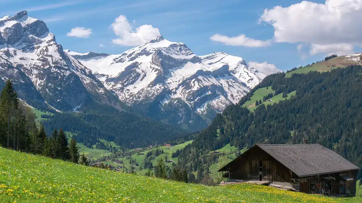 Place centrale d'un petit hameau savoyard bordée de chalets en journée