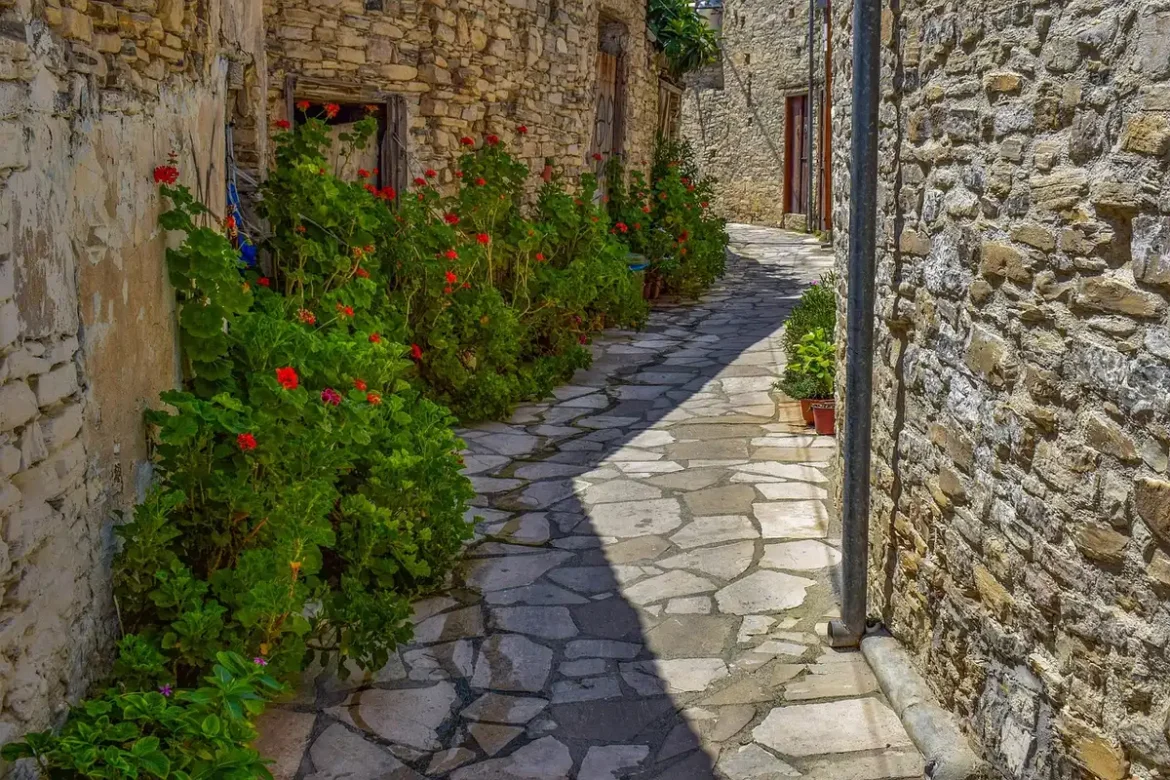 Ruelle pavée en pierre blonde à Gassin avec bougainvilliers en plein jour